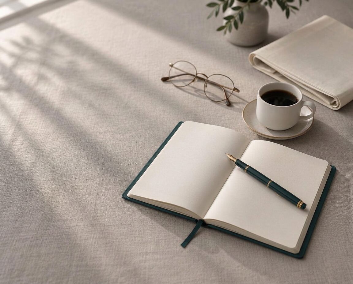 Mesa de trabalho de jornalista: caderno aberto, caneta, óculos e xícara de café